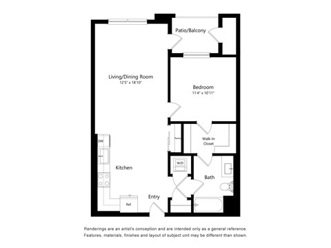 Floor plan for 1 bed, 1 bath, 781 sqft